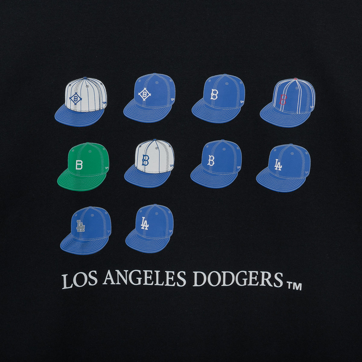 LOS ANGELES DODGERS MLB COOPERSTOWN HISTORY CAPS BLACK SHORT SLEEVE T-SHIRT